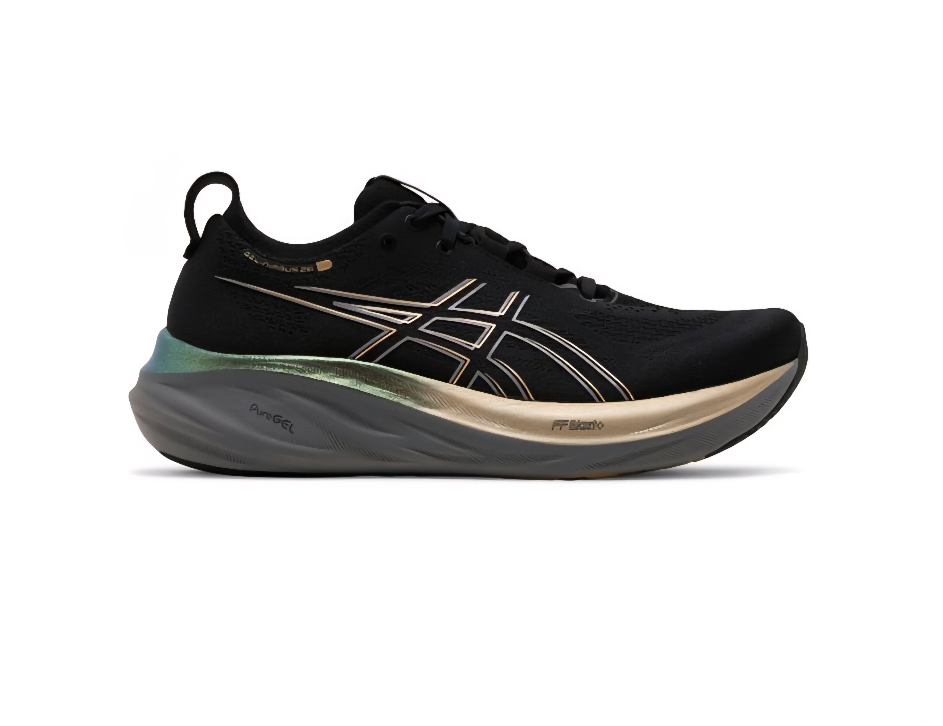 ASICS GEL-NIMBUS 26 PLATINUM/ black and champagne.